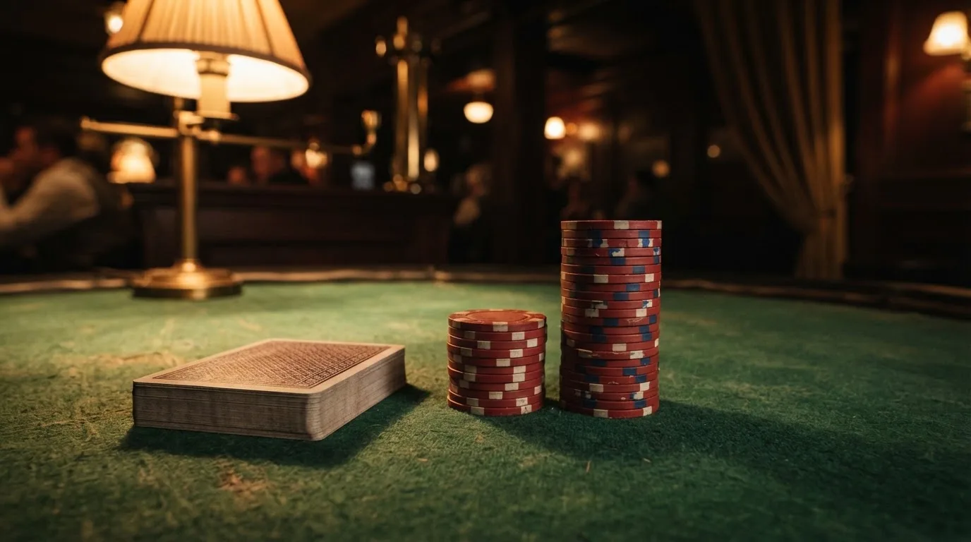 Kortlek och staplar av spelmarker på ett grönt filtbord i en dunkel salong, varmt lampsken — 10 euro casino i sverige