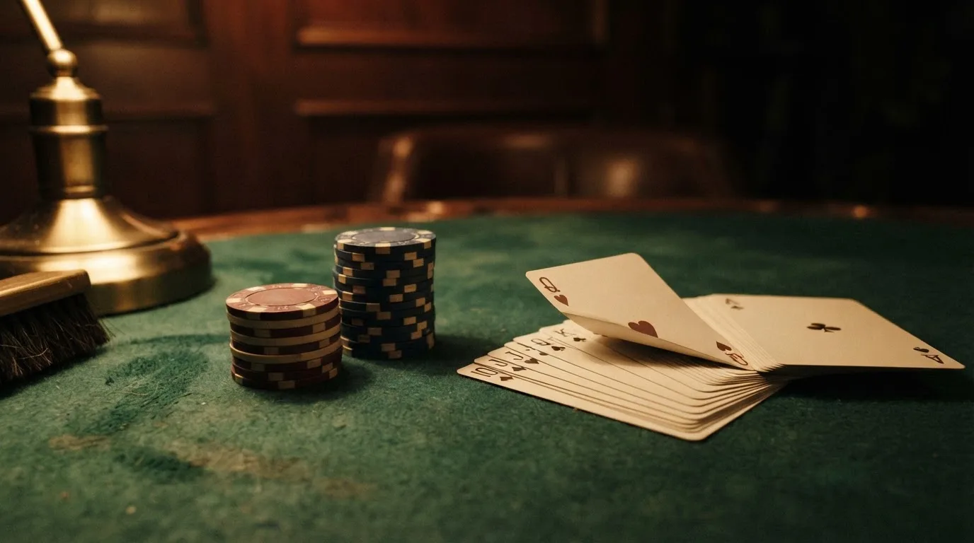 Kortlek och staplar av spelmarker på ett grönt filtbord i en dunkel salong, varmt lampsken — 10 free spins casino i sverige