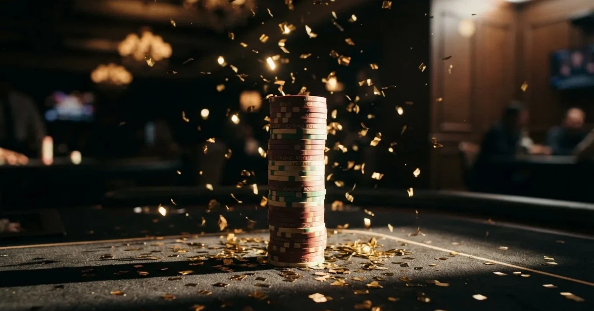 Guldkonfetti faller över spelmarker på ett svart bord, en ljuskägla träffar högens topp — 10 free spins casino i sverige