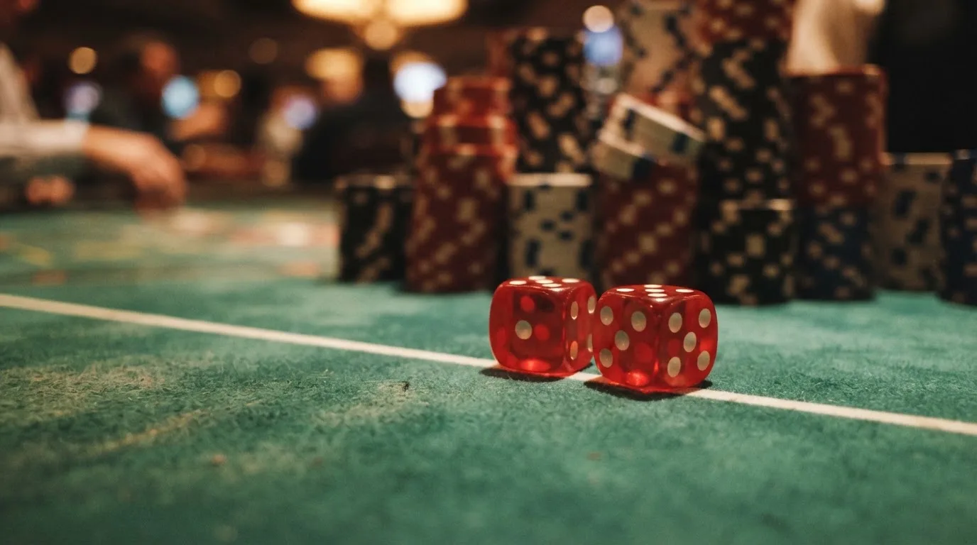 Röda tärningar vilar på grönt filt, bakom dem suddiga torn av spelmarker i kvällsdunklet — 10 kr casino i sverige