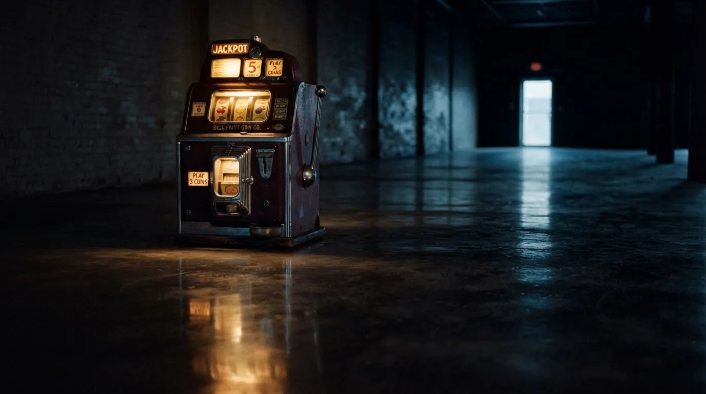 En gammal spelautomat lyser i den dunkla hallen och speglar sig i golvet — 100 free spins casino i sverige