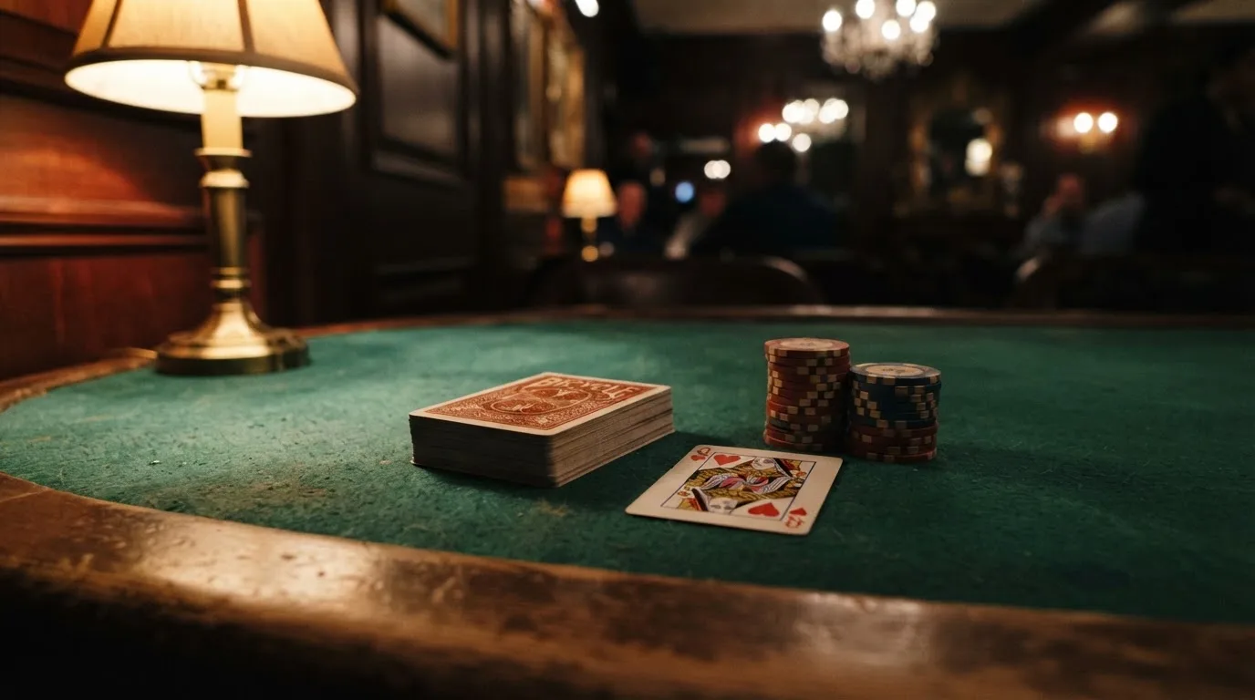 Kortlek och staplar av spelmarker på ett grönt filtbord i en dunkel salong, varmt lampsken — 150 free spins casino i sverige