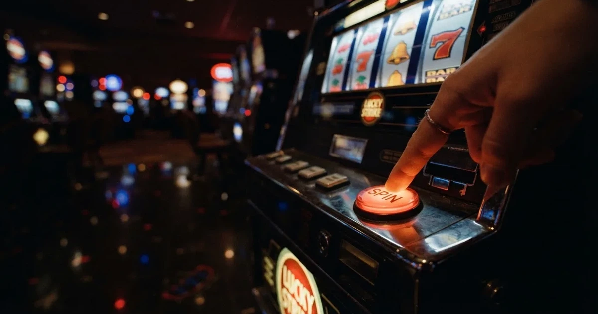 Ett finger trycker på spelautomatens klarröda knapp i dunklet, neonljus lyser runt omkring — 150 free spins casino i sverige