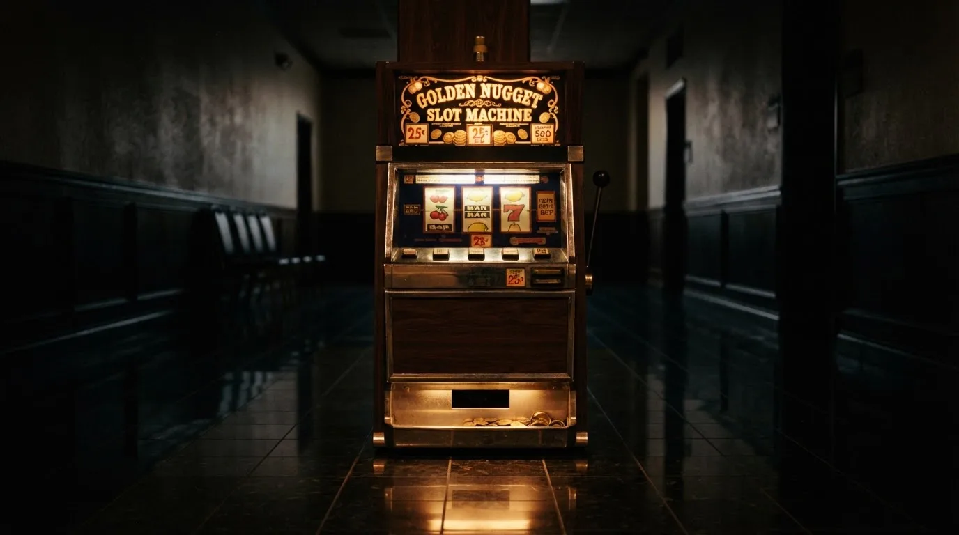 En gammal spelautomat lyser i den dunkla hallen och speglar sig i golvet — 150 kr casino i sverige