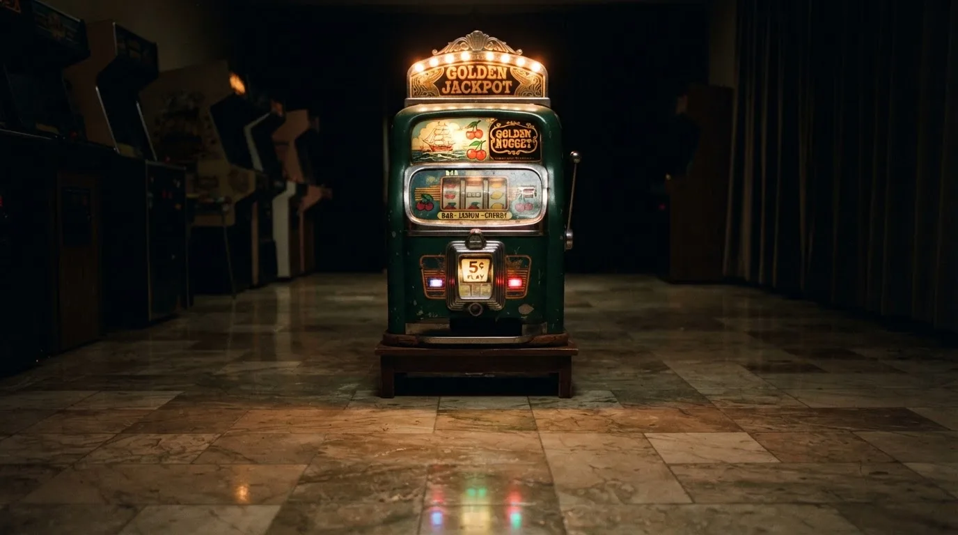En gammal spelautomat lyser i den dunkla hallen och speglar sig i golvet — 20 euro casino i sverige