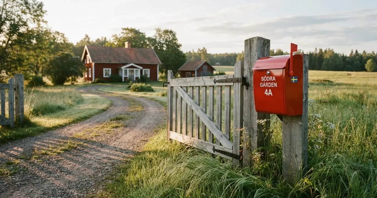 En röd brevlåda vid grinden till en lantgård en sommarkväll, daggigt gräs och långa skuggor — 20 euro casino i sverige