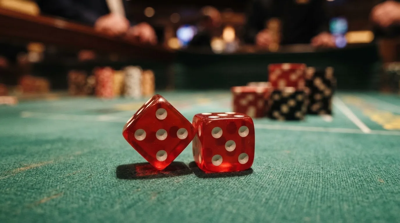 Röda tärningar vilar på grönt filt, bakom dem suddiga torn av spelmarker i kvällsdunklet — 20 free spins casino i sverige