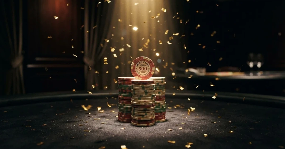 Guldkonfetti faller över spelmarker på ett svart bord, en ljuskägla träffar högens topp — 200 free spins casino i sverige