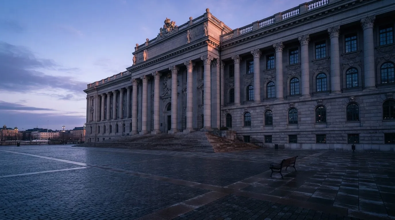 Stenfasad på en statlig byggnad i Stockholm vid gryning, höga pelare och ett tomt torg framför — 200 free spins casino i sverige