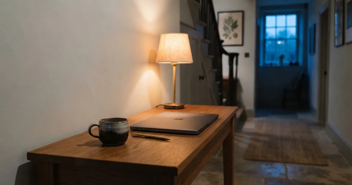 Kaffekopp och penna på ett smalt hallbord i skymning, en stängd bärbar dator vid sidan — 200 kr casino i sverige