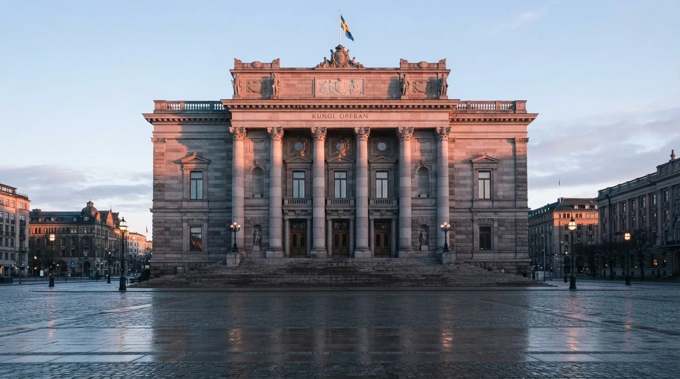 Stenfasad på en statlig byggnad i Stockholm vid gryning, höga pelare och ett tomt torg framför — 200 kr casino i sverige