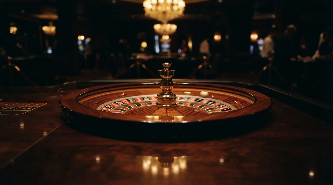 Ett roulettehjul snurrar på ett blankt träbord, den vita kulan glimmar i takljusets guld — 30 free spins casino i sverige