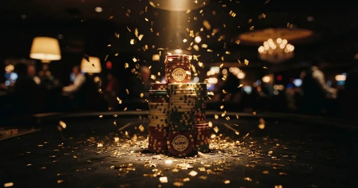 Guldkonfetti faller över spelmarker på ett svart bord, en ljuskägla träffar högens topp — 30 free spins casino i sverige