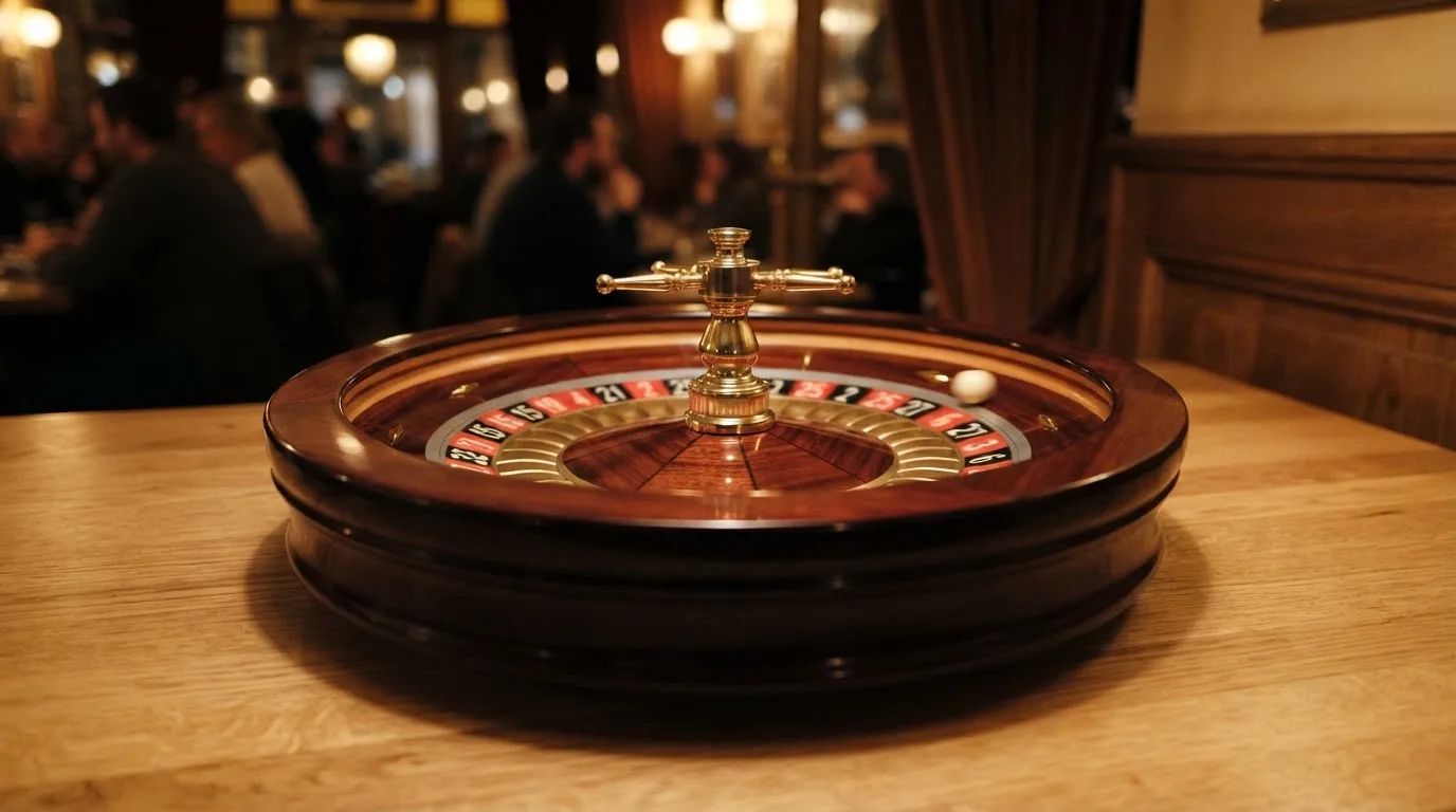 Ett roulettehjul snurrar på ett blankt träbord, den vita kulan glimmar i takljusets guld — 40 free spins casino i sverige