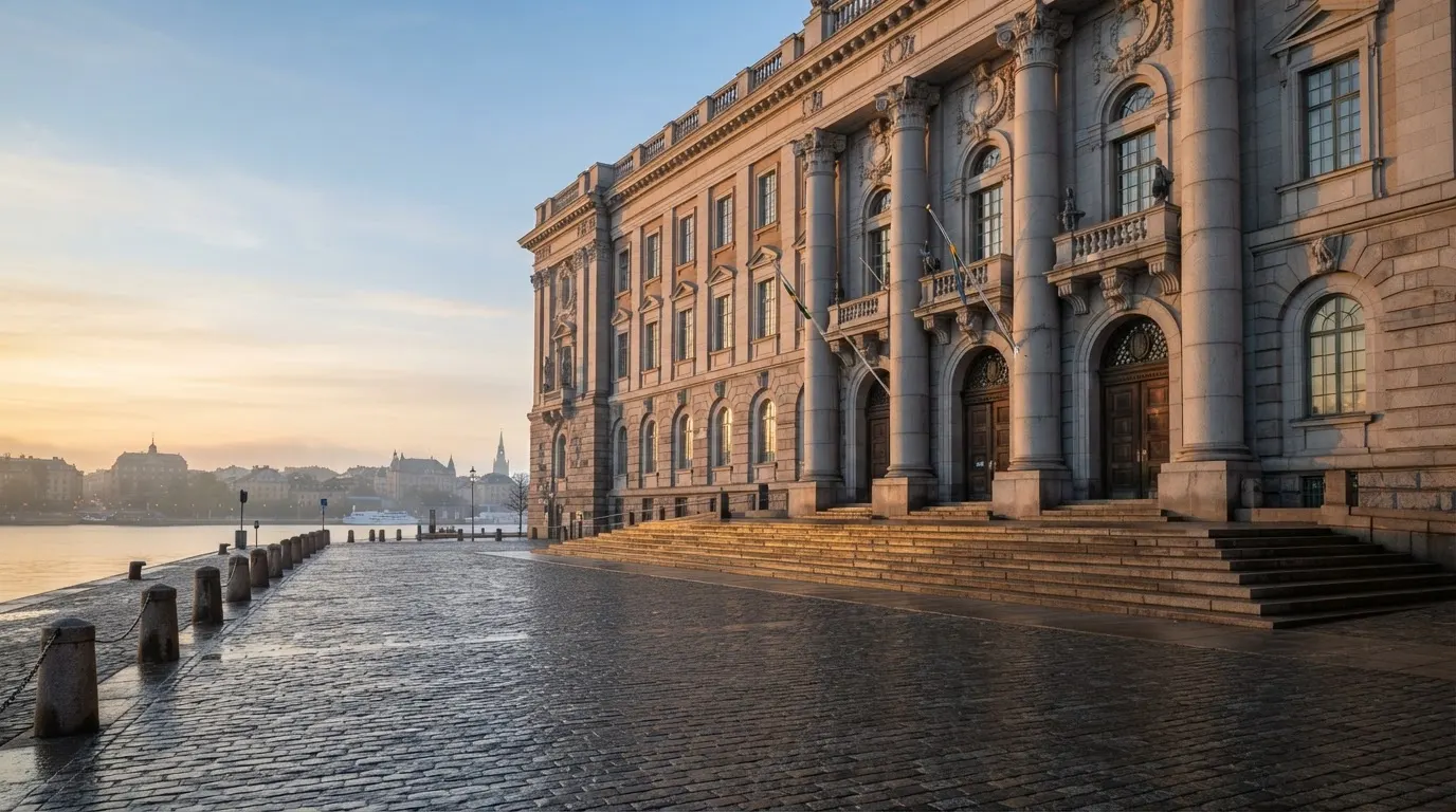 Stenfasad på en statlig byggnad i Stockholm vid gryning, höga pelare och ett tomt torg framför — 40 free spins casino i sverige