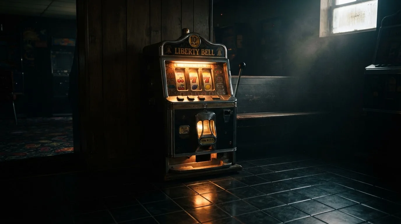 En gammal spelautomat lyser i den dunkla hallen och speglar sig i golvet — 5 euro casino i sverige