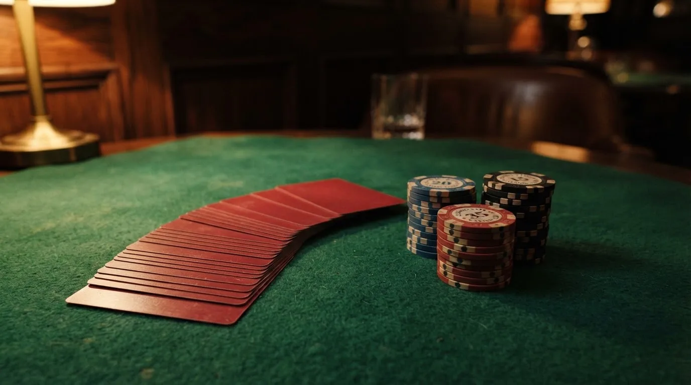 Kortlek och staplar av spelmarker på ett grönt filtbord i en dunkel salong, varmt lampsken — 50 euro casino i sverige