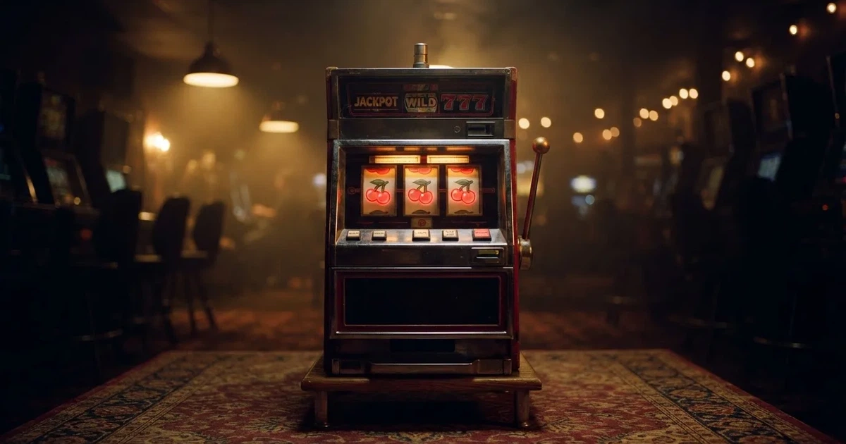 Rullarna på en spelautomat stannar i rad, klarröda körsbär lyser i den mörka spelhallen — 50 free spins casino i sverige