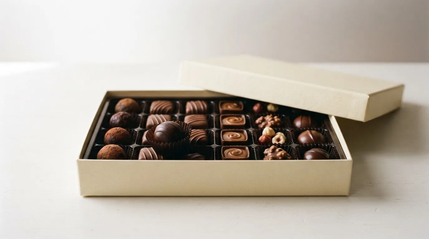 Öppen ask med chokladpraliner på ett vitt bord i mjukt ljus — live blackjack i sverige