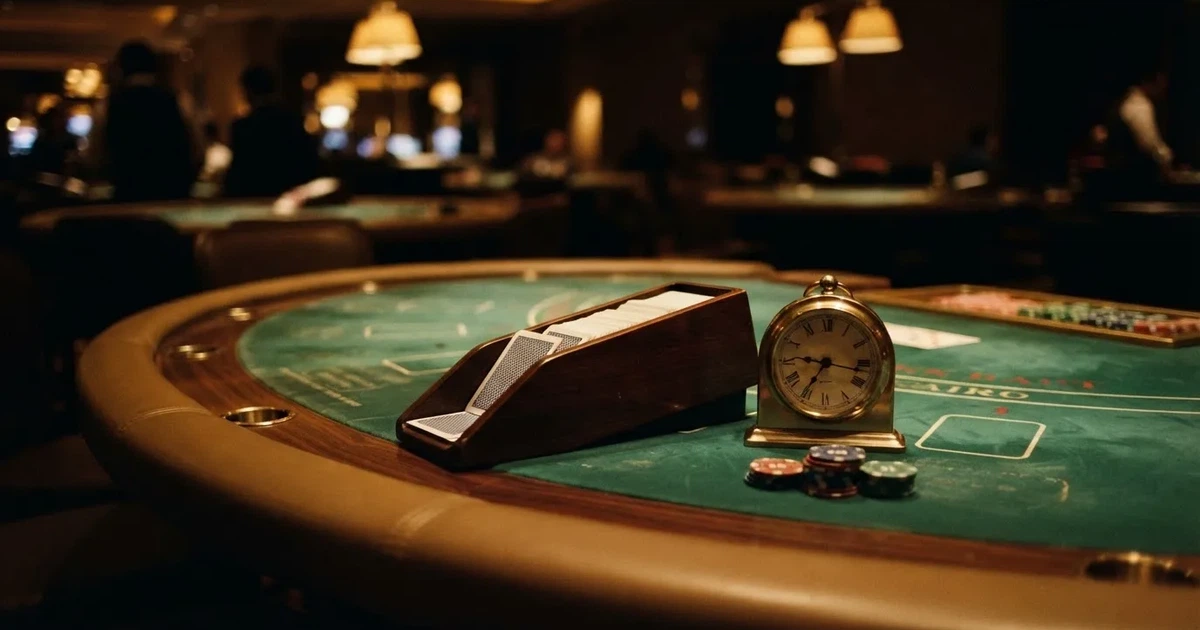 Grönt filt och en lång kortlåda av trä vid bordskanten, bredvid en blank mässingsklocka — bästa blackjack i sverige