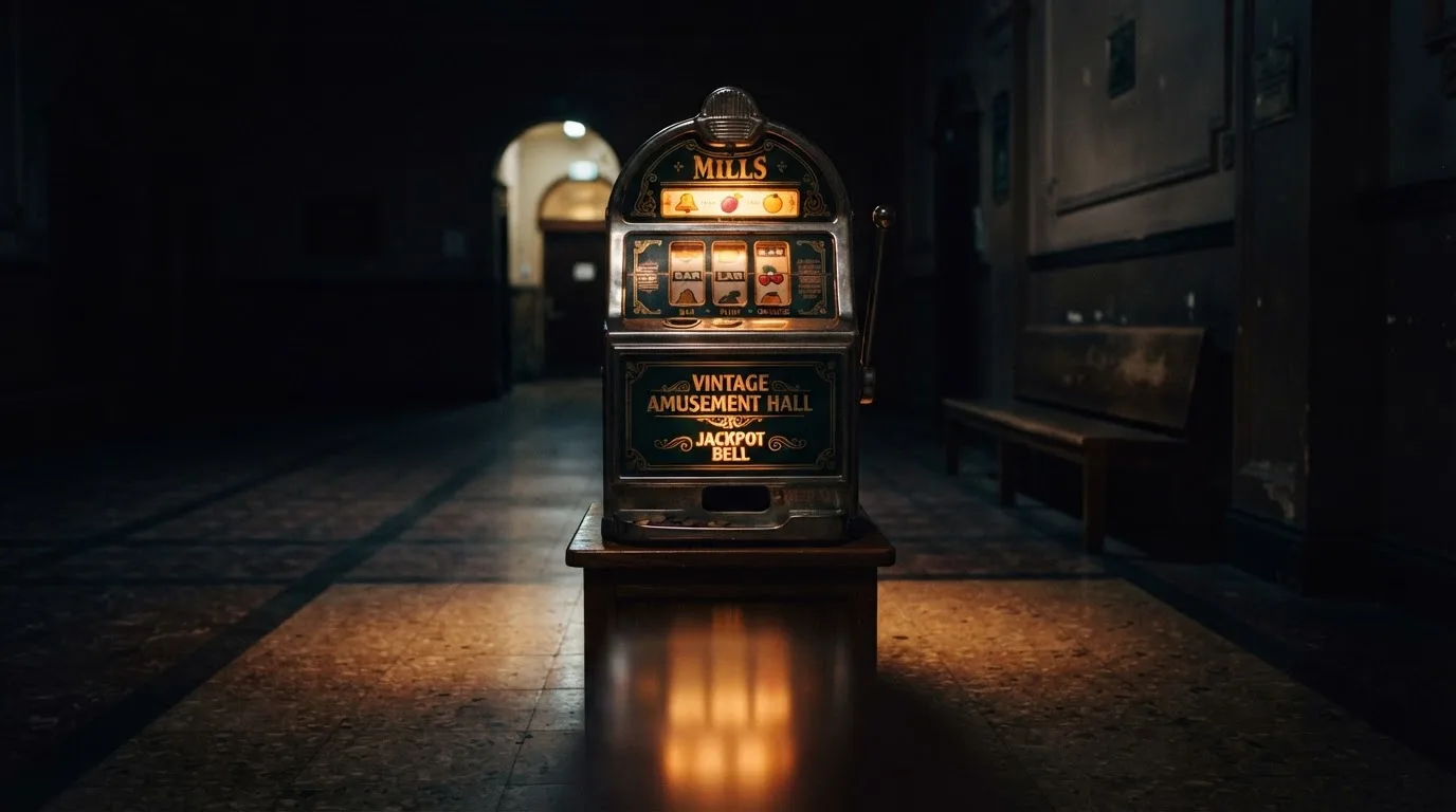 En gammal spelautomat lyser i den dunkla hallen och speglar sig i golvet — bästa kasino i sverige