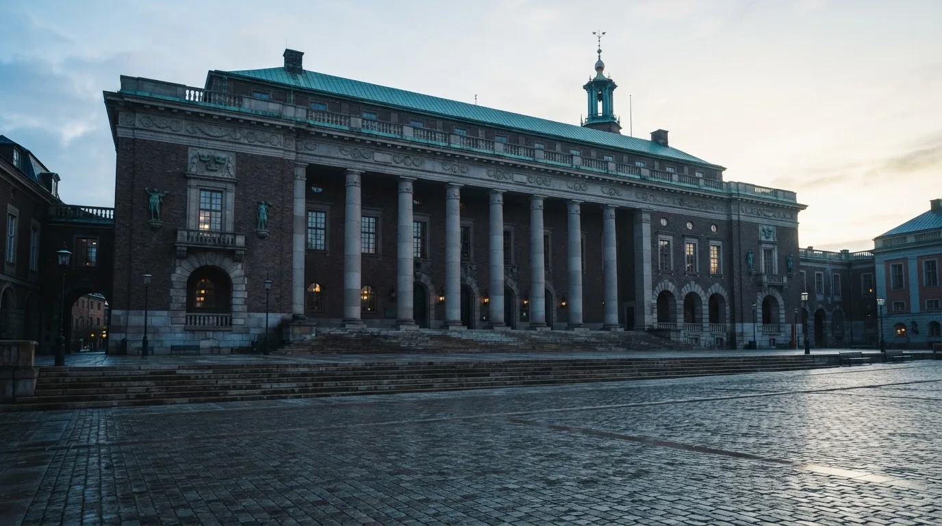 Stenfasad på en statlig byggnad i Stockholm vid gryning, höga pelare och ett tomt torg framför — bästa kasino i sverige