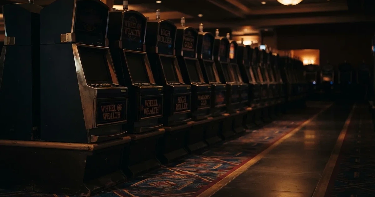 Rader av tomma spelautomater med släckta skärmar står uppställda i ett dimmat rum, fotograferat snett från sidan.