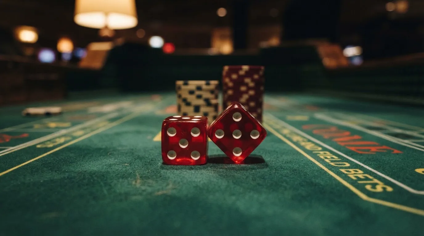 Röda tärningar vilar på grönt filt, bakom dem suddiga torn av spelmarker i kvällsdunklet — betala på casino i sverige