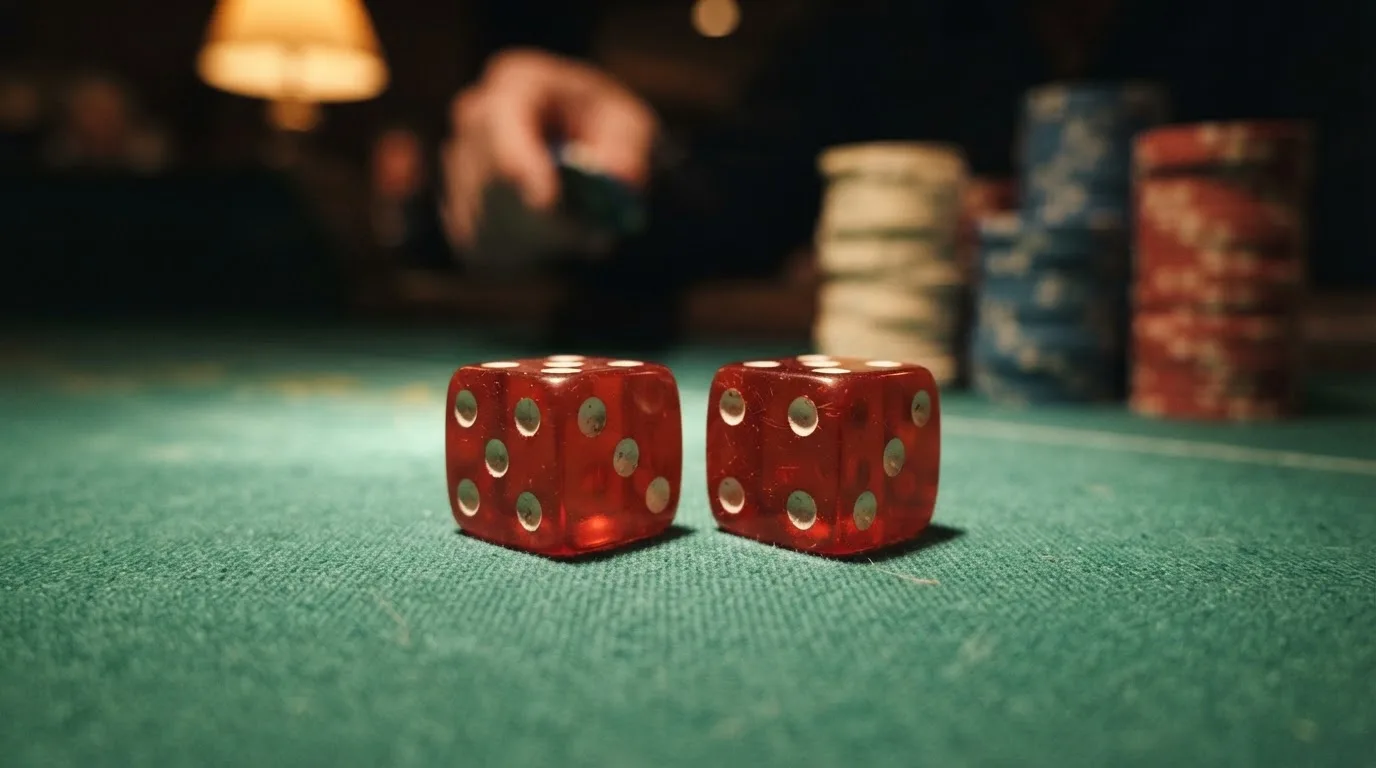 Röda tärningar vilar på grönt filt, bakom dem suddiga torn av spelmarker i kvällsdunklet — blackjack gratis i sverige