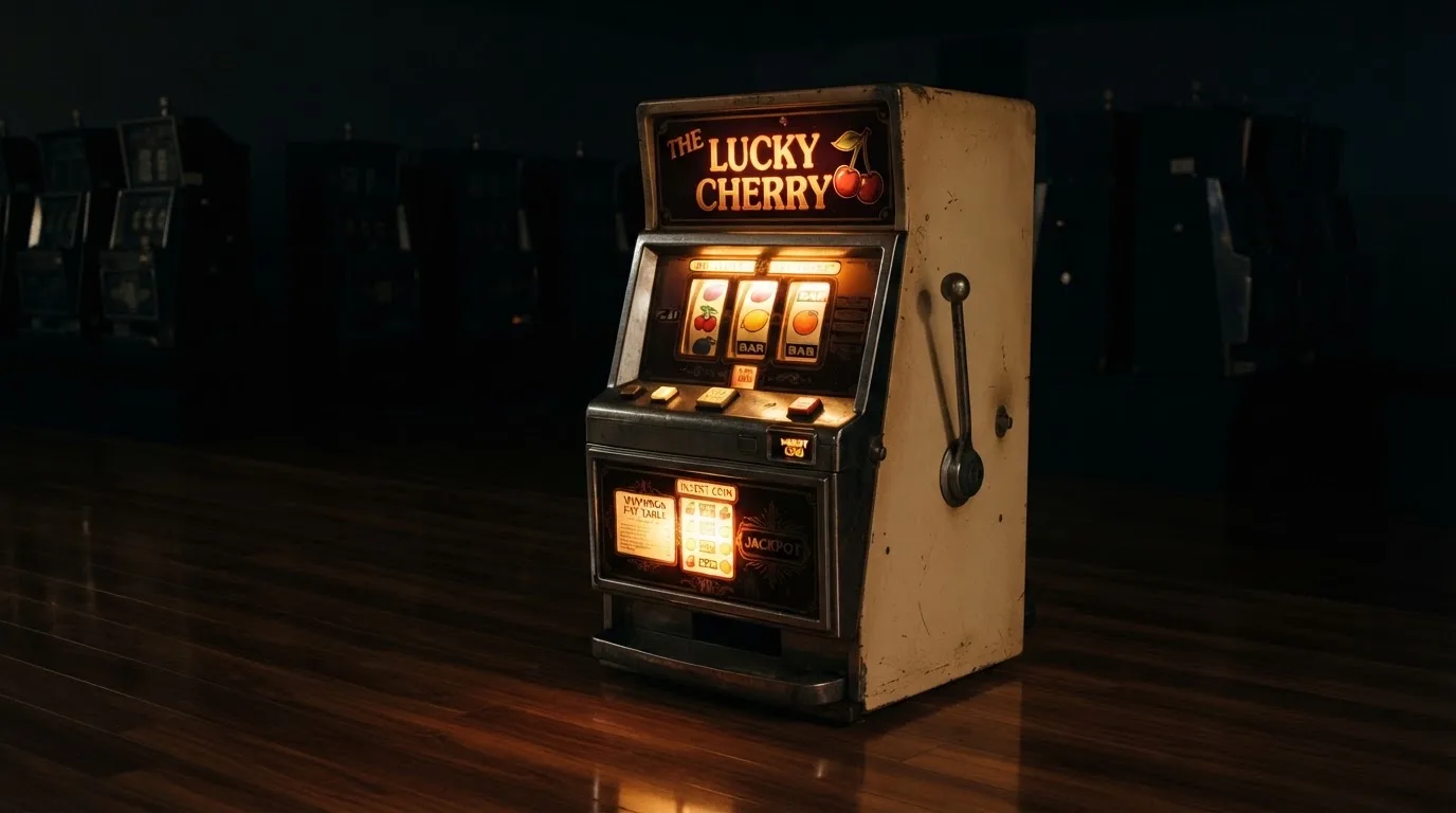 En gammal spelautomat lyser i den dunkla hallen och speglar sig i golvet — blackjack på nätet i sverige