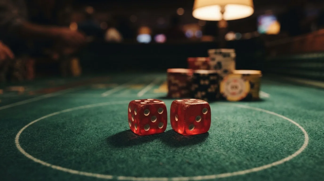 Röda tärningar vilar på grönt filt, bakom dem suddiga torn av spelmarker i kvällsdunklet — bra svenska casinon