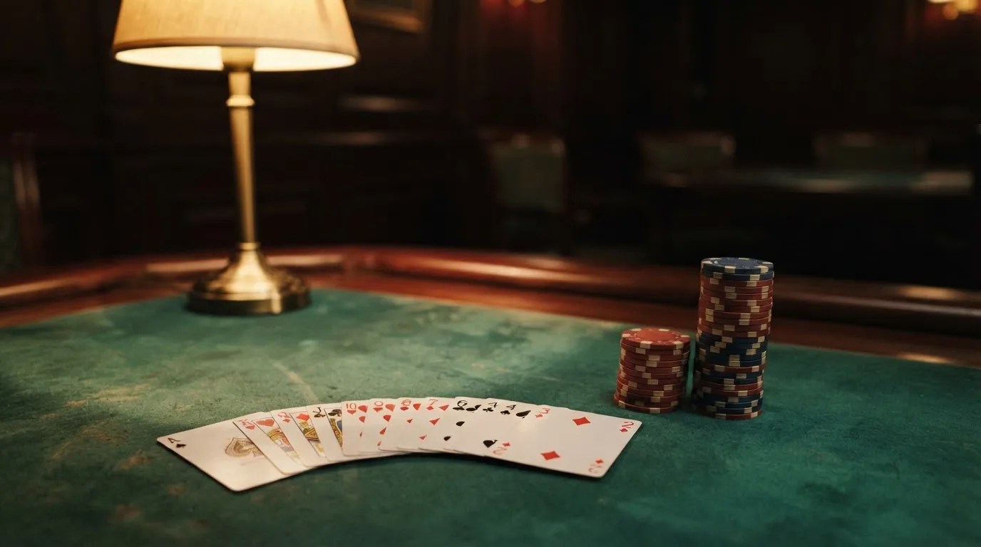 Kortlek och staplar av spelmarker på ett grönt filtbord i en dunkel salong, varmt lampsken — cashback på casino i sverige
