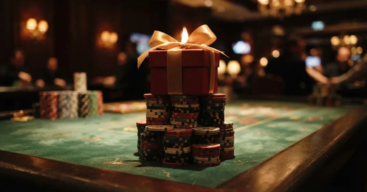 En röd presentask med guldband ovanpå en hög spelmarker på grönt filt, ljuslågan speglas i bandet — cashback på casino i sverige