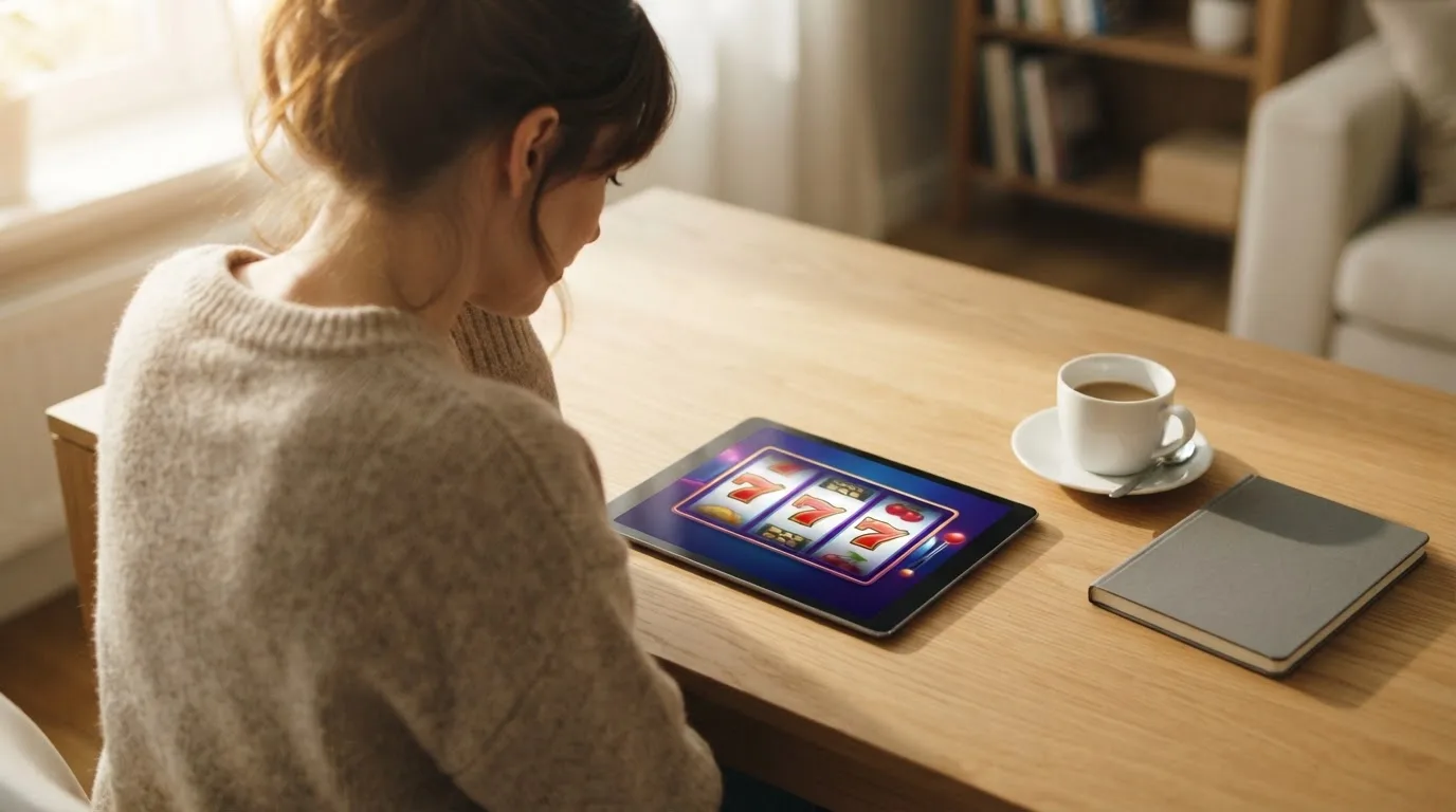 En person sitter vid ett skrivbord hemma med en surfplatta nedvänd bredvid en kopp kaffe i morgonljus.