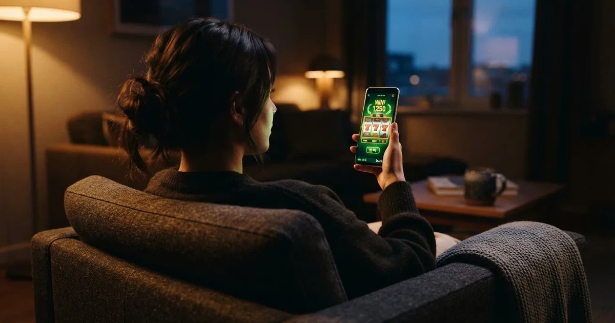 En hand håller en smartphone med skärmen vänd nedåt medan personen sitter i en fåtölj i mjukt kvällsljus.