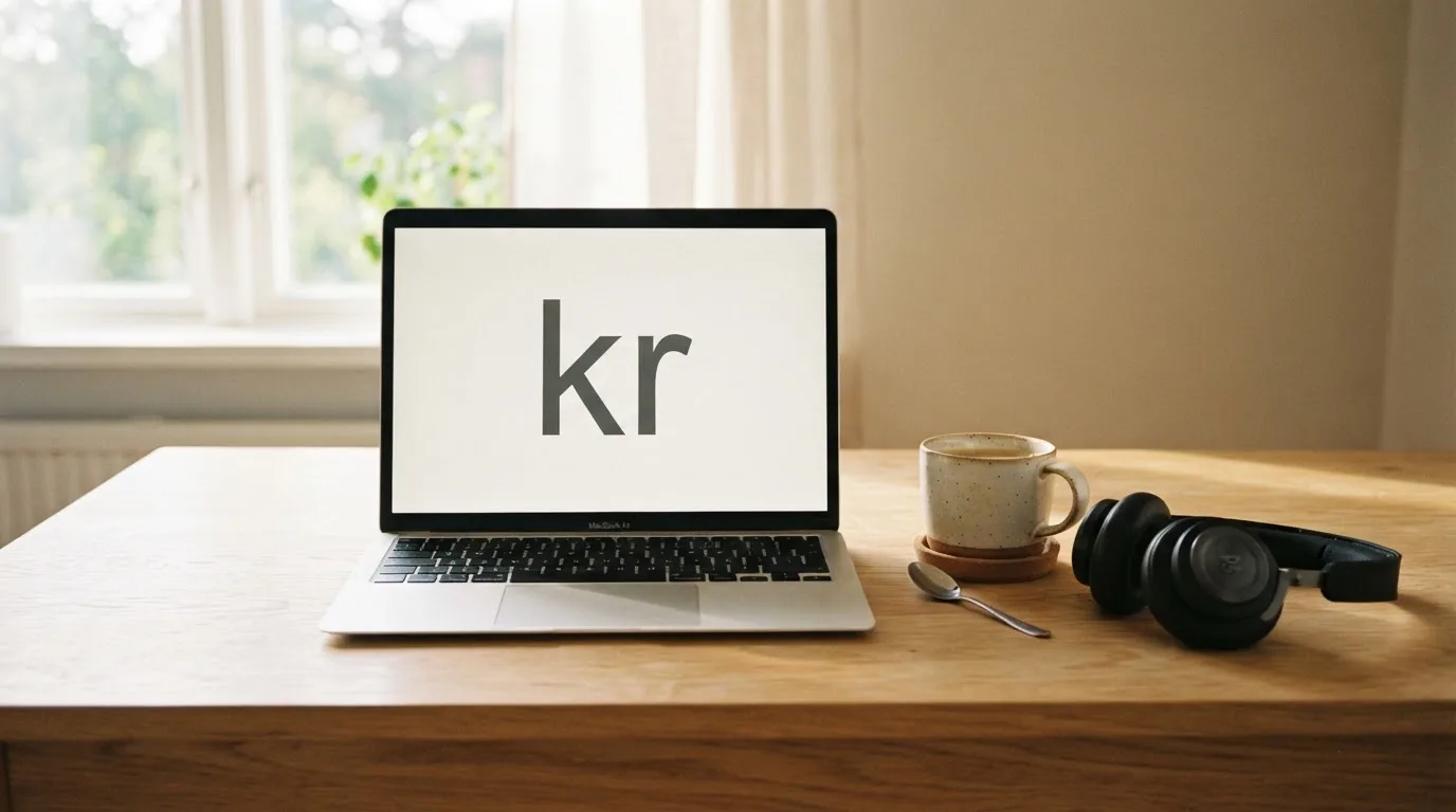 En bärbar dator med nedsläckt skärm står öppen på ett skrivbord tillsammans med en kopp kaffe och ett par hörlurar i morgonljus.