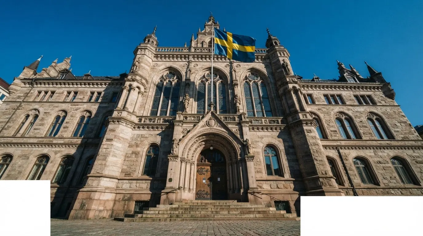 Ett gammalt stadshus i sten fotograferat underifrån mot en klarblå himmel, med den svenska flaggan som fladdrar ovanför entrén.
