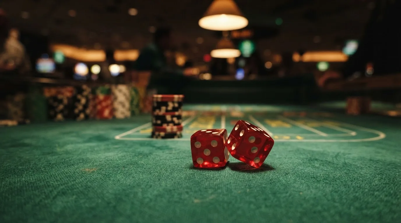 Röda tärningar vilar på grönt filt, bakom dem suddiga torn av spelmarker i kvällsdunklet — casino erbjudanden i sverige