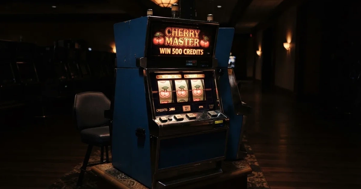 Rullarna på en spelautomat stannar i rad, klarröda körsbär lyser i den mörka spelhallen — casino erbjudanden i sverige