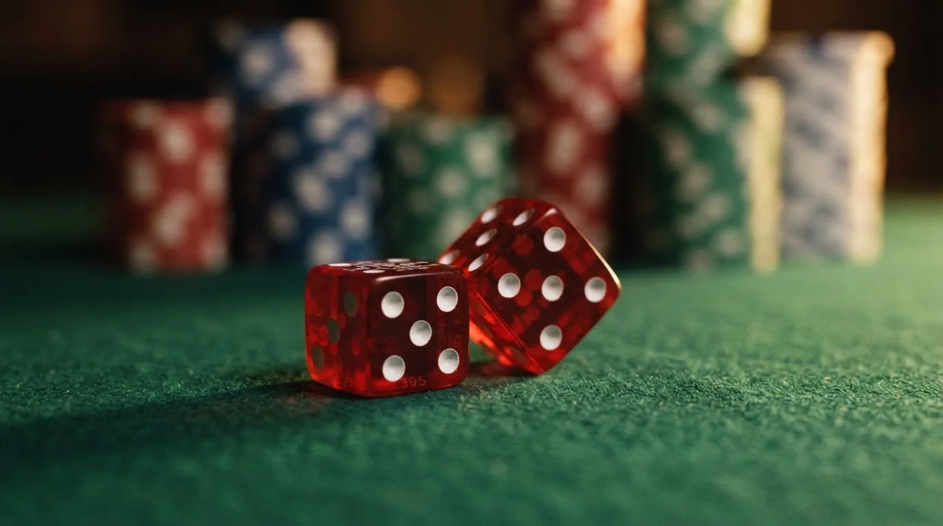 Röda tärningar vilar på grönt filt, bakom dem suddiga torn av spelmarker i kvällsdunklet — casino guider för svenskar