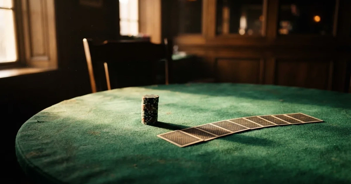 Kort delade med framsidan nedåt på grönt filt, marker väntar bredvid i varmt ljus — casino guider för svenskar