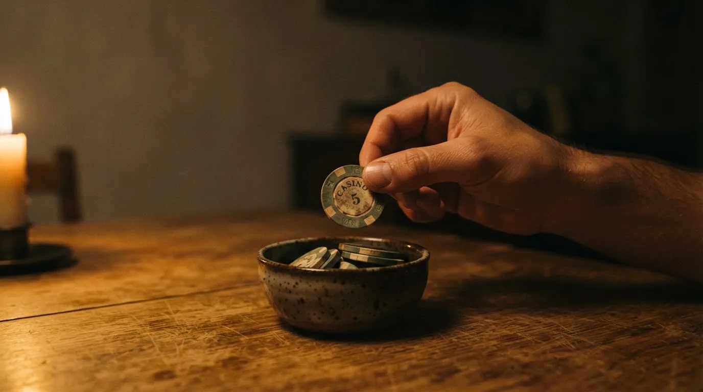 En hand lyfter en spelmark ur en skål, ljuslågan färgar bordet gyllenbrunt — casino recensioner i sverige