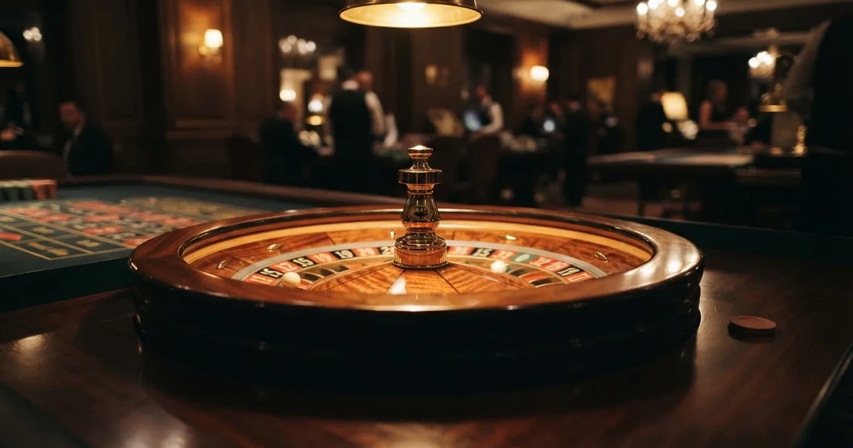 Ett roulettehjul snurrar på ett blankt träbord, den vita kulan glimmar i takljusets guld — casinon för riktiga pengar