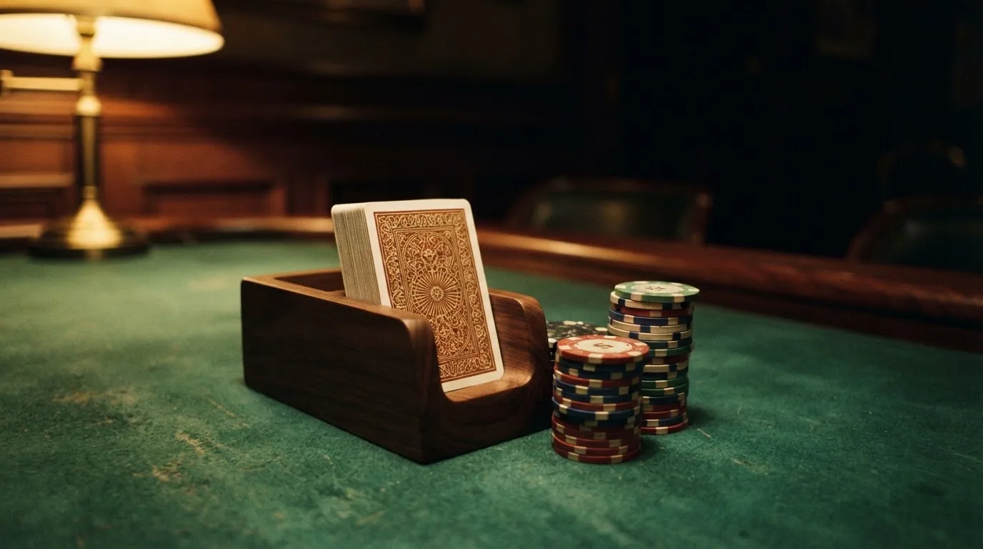 Kortlek och staplar av spelmarker på ett grönt filtbord i en dunkel salong, varmt lampsken — casinon med baccarat i sverige