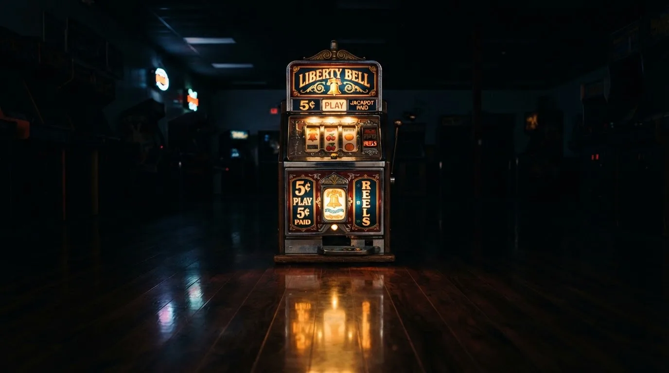 En gammal spelautomat lyser i den dunkla hallen och speglar sig i golvet — casinon med bankid i sverige