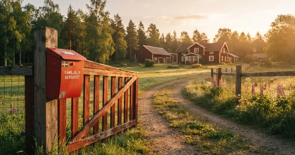 En röd brevlåda vid grinden till en lantgård en sommarkväll, daggigt gräs och långa skuggor — casinon med bankid i sverige