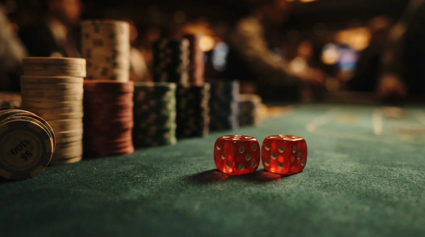 Röda tärningar vilar på grönt filt, bakom dem suddiga torn av spelmarker i kvällsdunklet — casinon med bingo i sverige