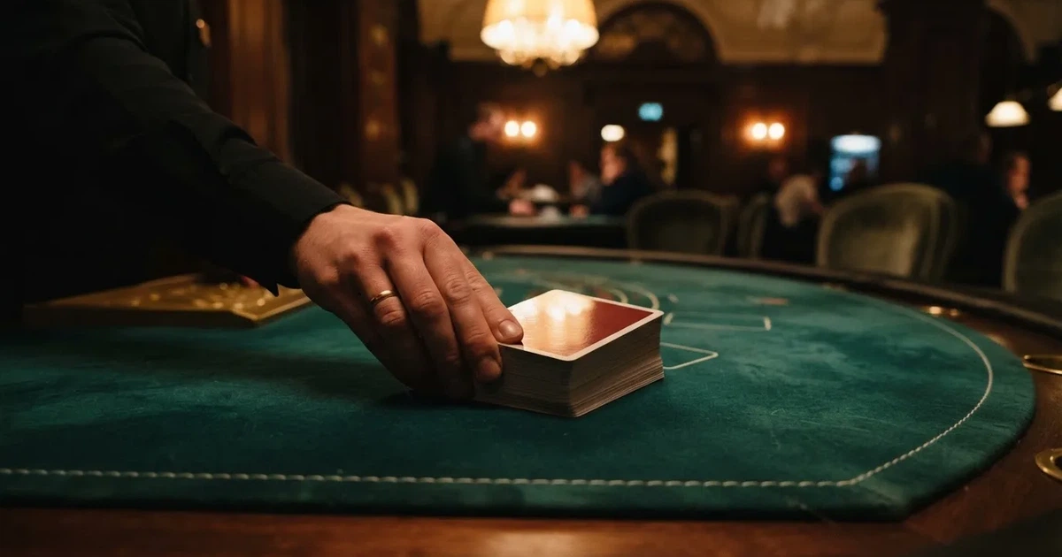 Croupierens händer blandar kort på grönt filt, taklampan speglas i den blanka kortbunten — casinon med bingo i sverige