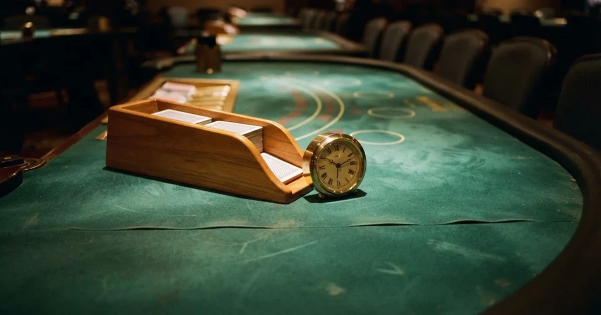Grönt filt och en lång kortlåda av trä vid bordskanten, bredvid en blank mässingsklocka — casinon med blackjack i sverige