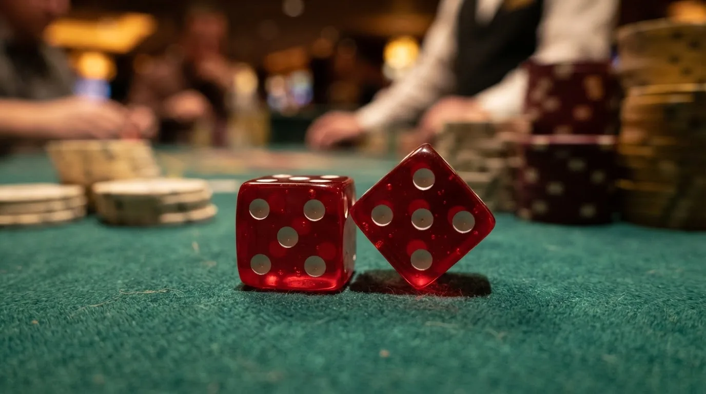 Röda tärningar vilar på grönt filt, bakom dem suddiga torn av spelmarker i kvällsdunklet — casinon med craps i sverige